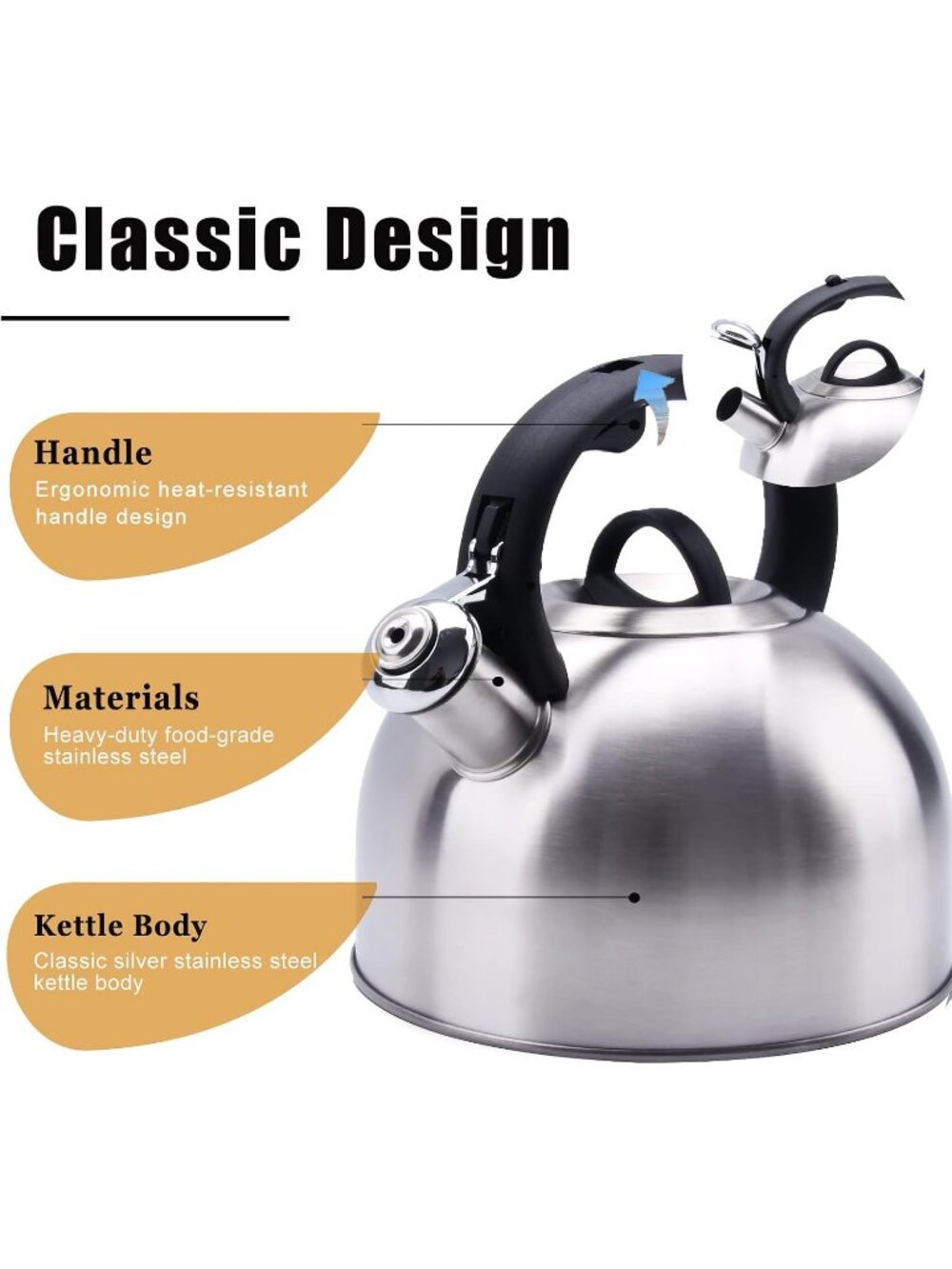 Kitchen Silver Boiling Water Coffee or Milk Wood Pattern Handle Tea Kettle - Picture 4 of 6